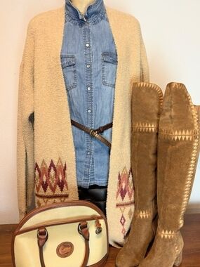 Dooney&Bourke Purse, Suede Boots, Pearl Snap Denim Top, Necklace And Belt